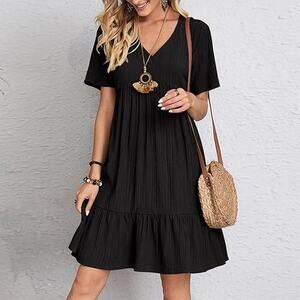 Women's Short Sleeve V-Neck Pleated Ruffle Flowy Black Summer Dress size XL